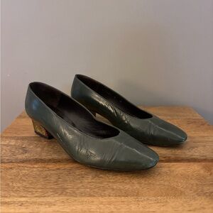 Classic Low Block Heel Pumps in Deep Green